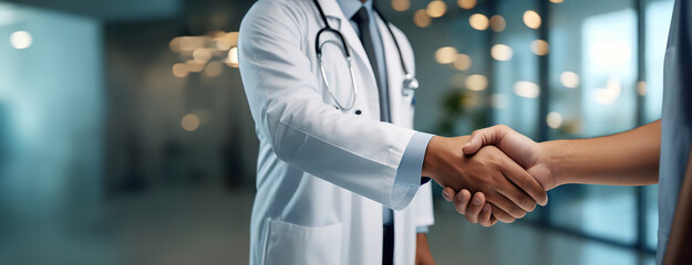 Professional Handshake between Doctor and Patient. A close-up captures a firm handshake between a person in a clinical white coat and another individual, symbolizing trust and professionalism - obrazy, fototapety, plakaty