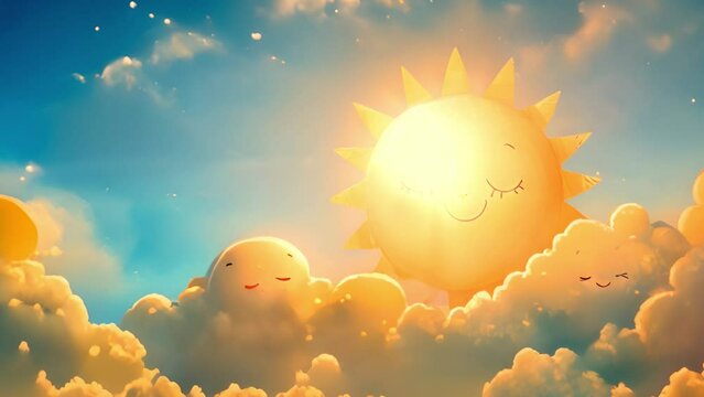 Cute animation with smiling sun and Magical fluffy clouds sparkling under a rainbow, timelapse style clouds drifting in the blue sky, background for music visualizer, kawaii aesthetic, fantasy 