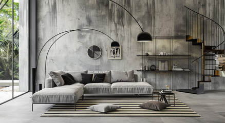 Modern interior design of gray concrete walls, white striped rug and grey sofa with black metal chandelier in the living room.
