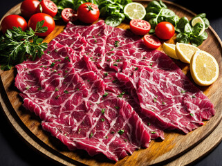Platter of raw meat, including beef, pork, and lamb, surrounded by vegetables such as tomatoes, lemons, and herbs.