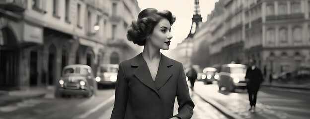 Elegant Fashion Model in a Classic Suit Walking in Paris. A monochrome image of a glamorous model...