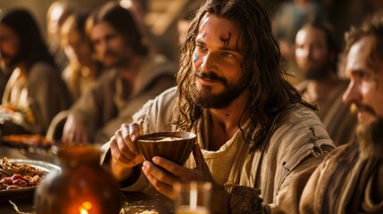  Jesus Christ with a wood cup in his hand at the Last Supper