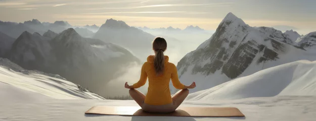 Selbstklebende Fototapeten Serene Yoga Pose in Snowy Mountain Landscape at Sunrise. A tranquil scene of an individual in a yoga pose on a mat, with snow-covered mountains and the warm glow of sunrise © Igor Tichonow