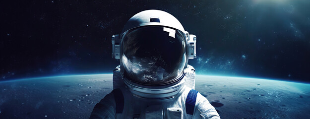 Selfie of an Astronaut on the Moon with Earth in View. A striking image of an astronaut taking a selfie on the moon, Earth visible in the helmet's reflection