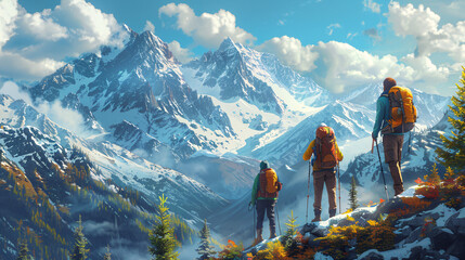 Hikers viewing mountain peaks. Digital illustration. Outdoor adventure concept. Design for posters, backgrounds, adventure blogs.