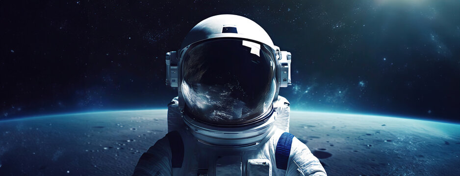 Selfie of an Astronaut on the Moon with Earth in View. A striking image of an astronaut taking a selfie on the moon, Earth visible in the helmet's reflection