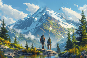 Hikers viewing mountain peaks. Digital illustration. Outdoor adventure concept. Design for posters, backgrounds, adventure blogs. - obrazy, fototapety, plakaty