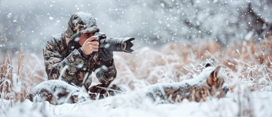 A photographer is hiding in the snow, wearing camouflage and holding a large telephoto camera lens to take pictures of wildlife