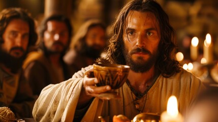  Jesus Christ with a wood cup in his hand at the Last Supper