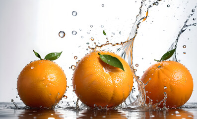 vibrant orange slices are at the center of the image, surrounded by a dynamic splash of liquid, capturing mid-motion. The splash is detailed with droplets scattered around