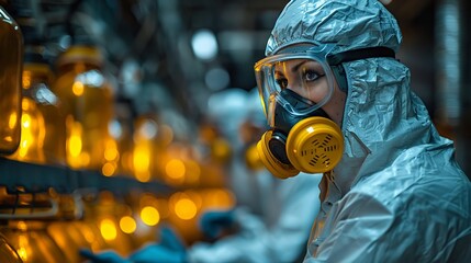 Factory workers in protective gear, handling hazardous materials with care in the style of stock photo image - obrazy, fototapety, plakaty