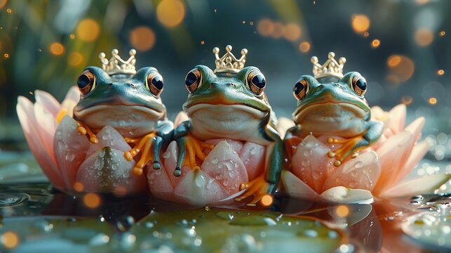Frogs in tiny crowns, leaping around a lily pad decorated for a birthday celebration in the style of stock photo image