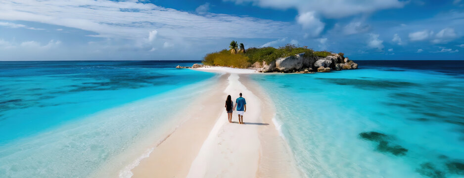 Couple Walking on Tropical Beach. Two people strolling along a pristine shoreline in a paradise setting
