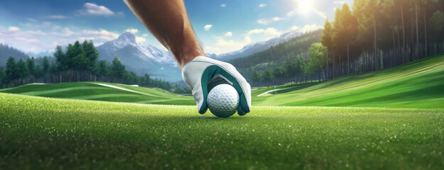 Hand placing a golf ball on a tee on a lush course. A gloved male arm sets a golf ball onto a tee at a beautiful course with mountains and a clear sky in the background. Panorama with copy space.