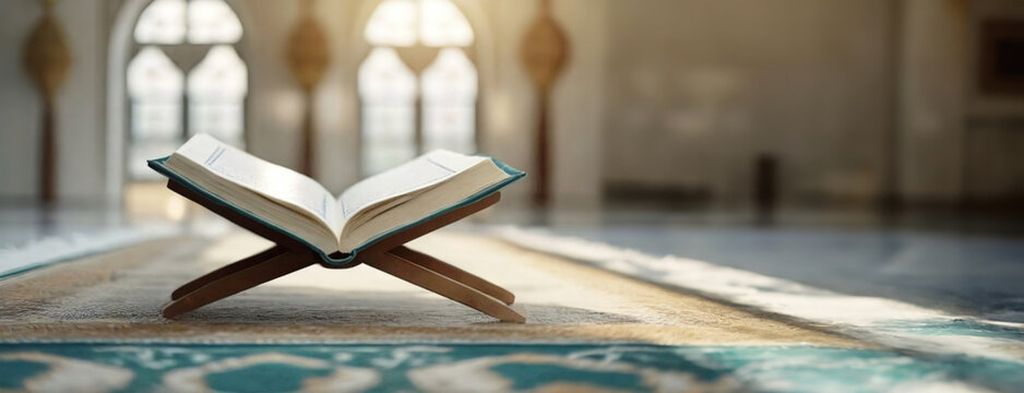 Opened holy book on a stand in a peaceful mosque interior. An open sacred Quran rests on a wooden rihal, beautifully illuminated by the ambient light, serene background. Panorama with copy space.