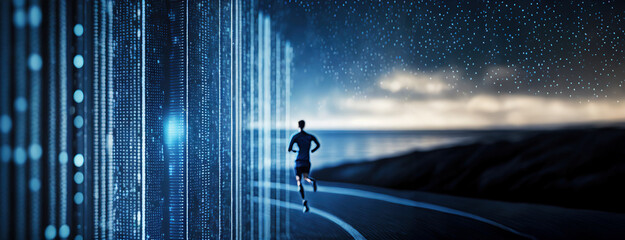 Obraz premium Cybernetic Dawn: Runner with Bionic Leg on Coastal Path with Digital Matrix. A solitary figure jogs along the shore, bordered by a cascade of binary code. Futuristic data stream.