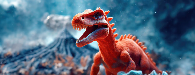 Fototapeta premium Orange theropod dinosaur among coral-like vegetation under a shimmering light from above