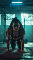 Obraz na płótnie Canvas A woman doing push ups in a gym
