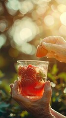 A person holding a glass with a strawberry in it