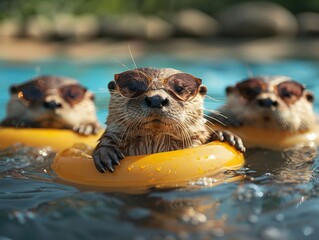 Otters in swim rings and sunglasses, floating down a river to a birthday picnic in the style of stock photo image