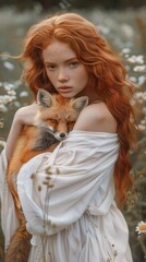 Fototapeta premium A woman holding a fox in a field of flowers