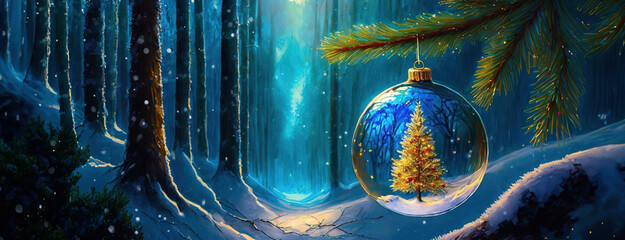 Christmas tree with shiny majestic mirror ball in fairy night snow winter forest background. New Year celebration card. Handmade glass bauble. Panorama.