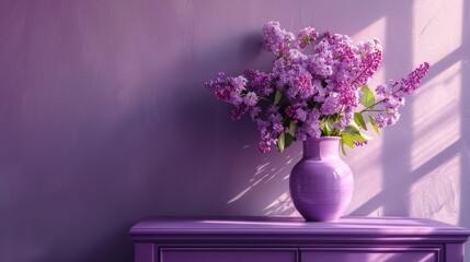 A purple vase sitting on top of a purple dresser