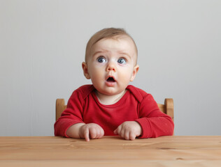 A surprised baby sitting at the table, looking up with wide eyes and open mouth