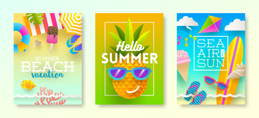Set of beach vacation and summer holidays design for posters or greeting card. Vector illustration.