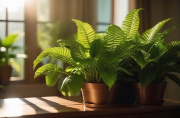 Lush green ferns bask in the warm sunlight by a window