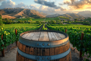 Vineyard Landscape at Sunset Featuring an Old Wooden Wine Barrel