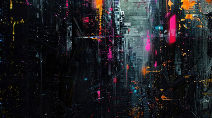 Naklejka premium Dynamic abstract cityscape painting with vibrant neon