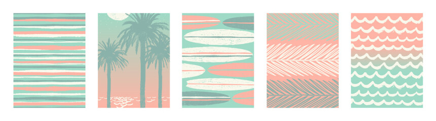 Set of tropical vacation and summer holidays hand drawn posters or greeting card. Vector illustration.