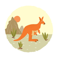 Cute kangaroo with baby and Australian landscape. Vector illustration