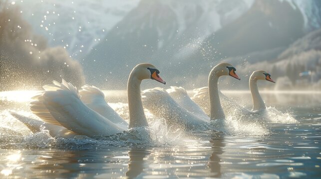 Swans in shimmering ribbons, gliding gracefully to a lakeside birthday soiree in the style of stock photo image