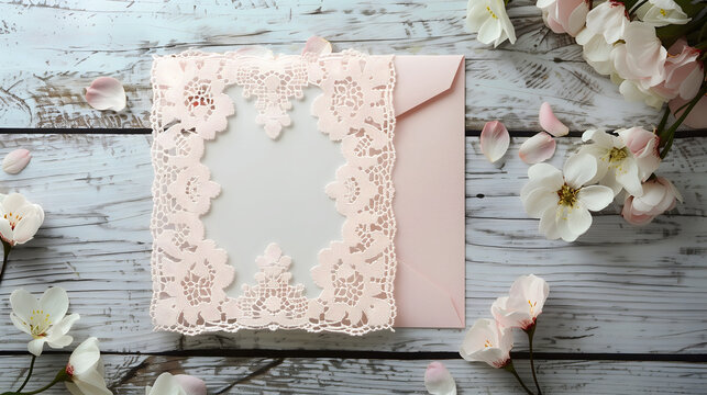 Pink wedding invitation card on wooden table.