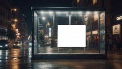 Outdoor bus stop advertising mockup, night city scene with bus billboard, illuminated sign mockup