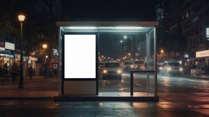 Outdoor bus stop advertising mockup, night city scene with bus billboard, illuminated sign mockup - obrazy, fototapety, plakaty