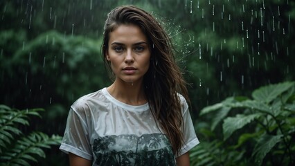 Naklejka premium A beautiful girl with wet hair stands in the jungle among exotic plants.