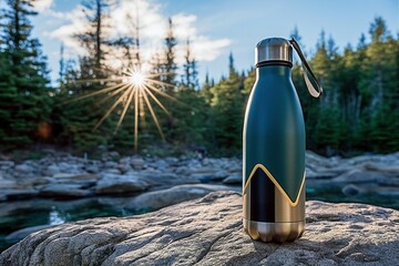A durable, stainless steel water bottle on a riverbank, framed by the natural beauty of a forest and the morning sun's radiant glow with copy space to the left.