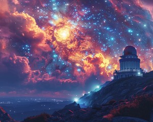 Telescopes and stargazing activities depicted in an observatory setting, with individuals exploring the night sky in the style of stock photo image