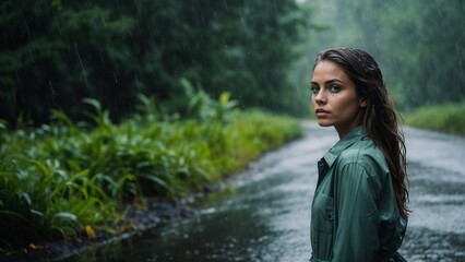 Naklejka premium A beautiful girl with wet hair stands in the jungle among exotic plants.