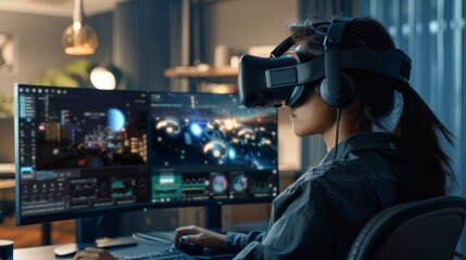 Woman Using Virtual Headset and Computer