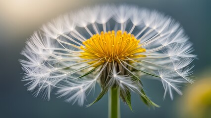 Dandelion flower with seeds on blurred background, close-up