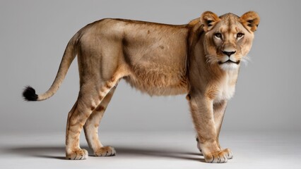 Studio shot of a female lion standing on grey background, side view.
