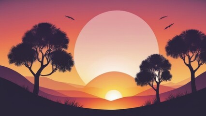 Landscape with sunset and silhouettes of trees. Vector illustration. - obrazy, fototapety, plakaty