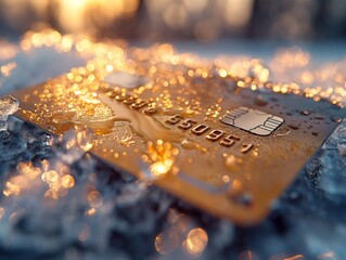 Close up of chip for secure payment, golden credit card frozen in ice, concept of frozen bank account