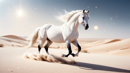 Fototapeta premium Ethereal White Horse Galloping in the Desert Sun