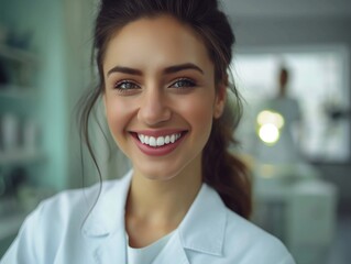 Fototapeta premium female dentist smiling widely with white perfect teeth in a white coat, against the backdrop of a dental office