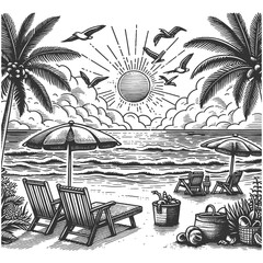  relaxing beach scene with palm trees, beach chairs under an umbrella, and flying seagulls sketch engraving generative ai vector illustration. Scratch board imitation. Black and white image.